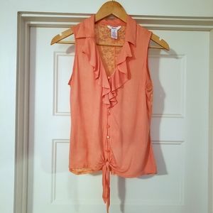 Lace back tie front collared sleeveless blouse